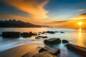 a beautiful sunset over the ocean with rocks and rocks. AI-Generated photo