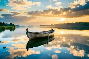 un barco se sienta en el calma agua a puesta de sol. generado por ai foto