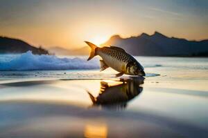 un pescado es saltando fuera de el agua a puesta de sol. generado por ai foto