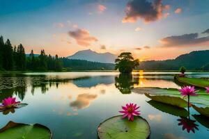 the beautiful landscape of the lake with pink waterlillies and mountains. AI-Generated photo