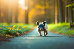 a baby koala walking down a road in the woods. AI-Generated photo