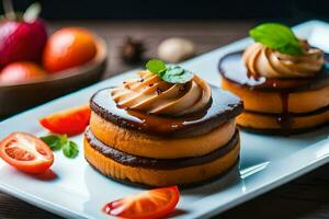 three cakes with chocolate frosting on a white plate. AI-Generated photo