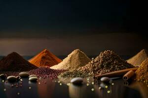 various spices and spices on a black background. AI-Generated photo