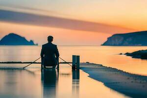 a man sitting on a dock looking at the ocean at sunset. AI-Generated photo