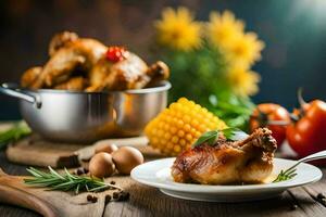 a plate of chicken and vegetables on a wooden table. AI-Generated photo