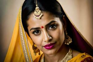 a woman in a yellow sari with gold jewelry. AI-Generated photo