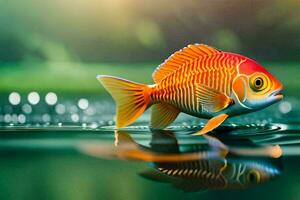 a fish is standing on the water with a reflection. AI-Generated photo