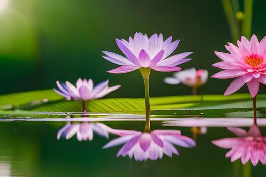Tres rosado loto flores en el agua. generado por ai foto