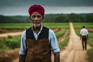 a man in a turban walks down a dirt road. AI-Generated photo