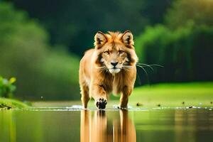 a lion walking across a pond in the forest. AI-Generated photo