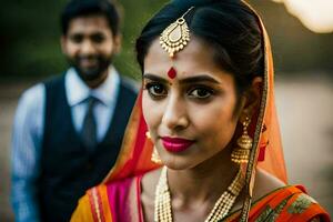 a beautiful indian bride and groom in traditional attire. AI-Generated photo