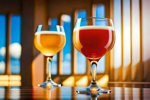 two glasses of beer on a table with a window. AI-Generated photo