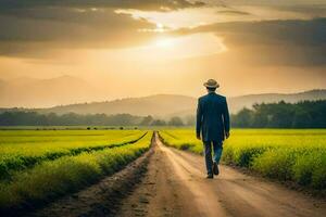 man walking on a dirt road in a field. AI-Generated photo