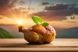 chicken on the table with the sunset. AI-Generated photo