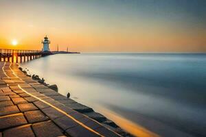 a lighthouse stands on the shore of a body of water. AI-Generated photo