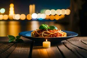 spaghetti with tomato sauce and basil leaves on a wooden table in front of the city lights. AI-Generated photo
