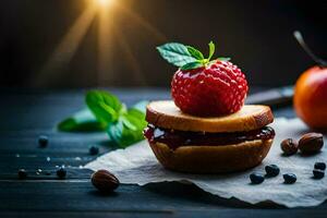 a strawberry and blueberry sandwich on a wooden table. AI-Generated photo