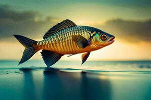 un pescado es nadando en el Oceano a puesta de sol. generado por ai foto