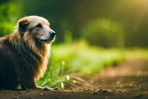 un perro sentado en el suelo en el medio de un campo. generado por ai foto