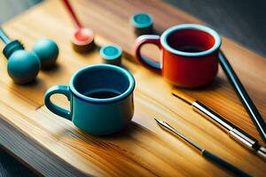 two coffee cups and a paintbrush on a wooden table. AI-Generated photo