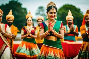 indio mujer en tradicional atuendo bailando en frente de un multitud. generado por ai foto
