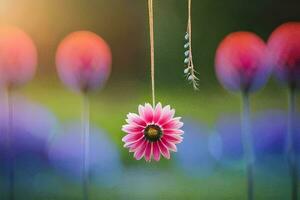 a pink flower hanging from a string in front of a field of purple flowers. AI-Generated photo