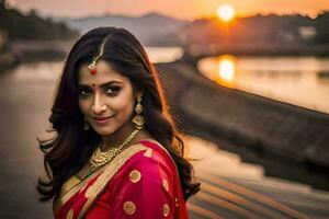 an indian woman in red sari posing for the camera. AI-Generated photo