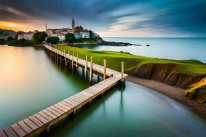 a wooden pier stretches out into the ocean at sunset. AI-Generated photo