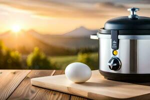 a large stainless steel pressure cooker with an egg on a wooden cutting board. AI-Generated photo