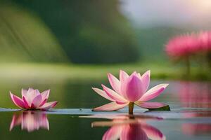 two pink lotus flowers floating in the water. AI-Generated photo