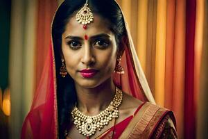 a beautiful indian woman wearing a red sari. AI-Generated photo