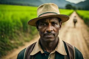 a man in a hat stands in the middle of a dirt road. AI-Generated photo