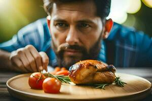 a man with a beard and a plate of food. AI-Generated photo