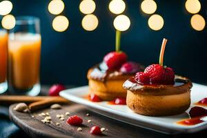 two desserts on a plate with raspberries and orange juice. AI-Generated photo