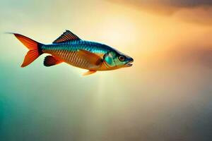 a fish is flying in the air with a sun in the background. AI-Generated photo