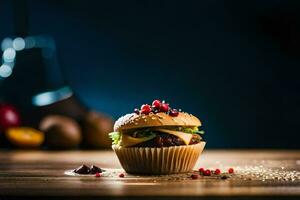 un hamburguesa en un de madera mesa. generado por ai foto