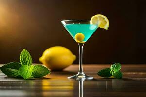 blue cocktail with lemon and mint on a wooden table. AI-Generated photo