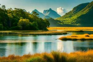 the lake is surrounded by tall grasses and mountains. AI-Generated photo
