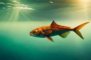 un pescado nadando en el Oceano con luz de sol brillante mediante el agua. generado por ai foto
