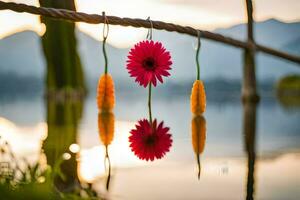 three flowers hanging from a fence by a lake. AI-Generated photo