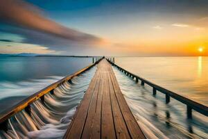 a long exposure photograph of a wooden pier in the ocean. AI-Generated photo