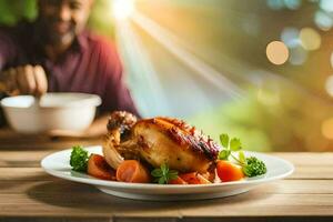 un hombre es comiendo un pollo cena en un lámina. generado por ai foto