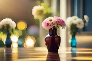 flores en florero en mesa con luz de sol brillante mediante ventana. generado por ai foto