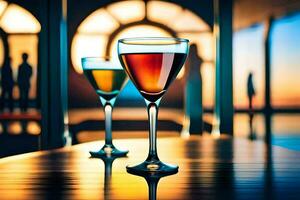 two glasses of wine on a table in front of a window. AI-Generated photo