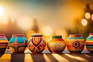 colorful pottery on wooden table with sun in background. AI-Generated photo
