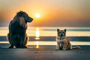 un león y un perro son sentado en el playa a puesta de sol. generado por ai foto