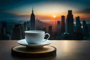 coffee cup on table with cityscape in background. AI-Generated photo