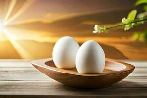 two eggs in a wooden bowl on a table. AI-Generated photo