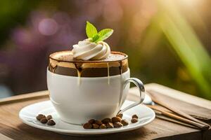 a cup of coffee with whipped cream and mint leaves on a wooden table. AI-Generated photo