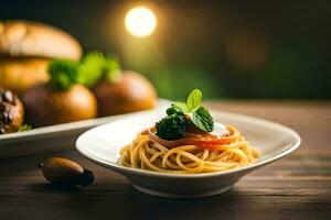 spaghetti with tomato and broccoli on a plate. AI-Generated photo